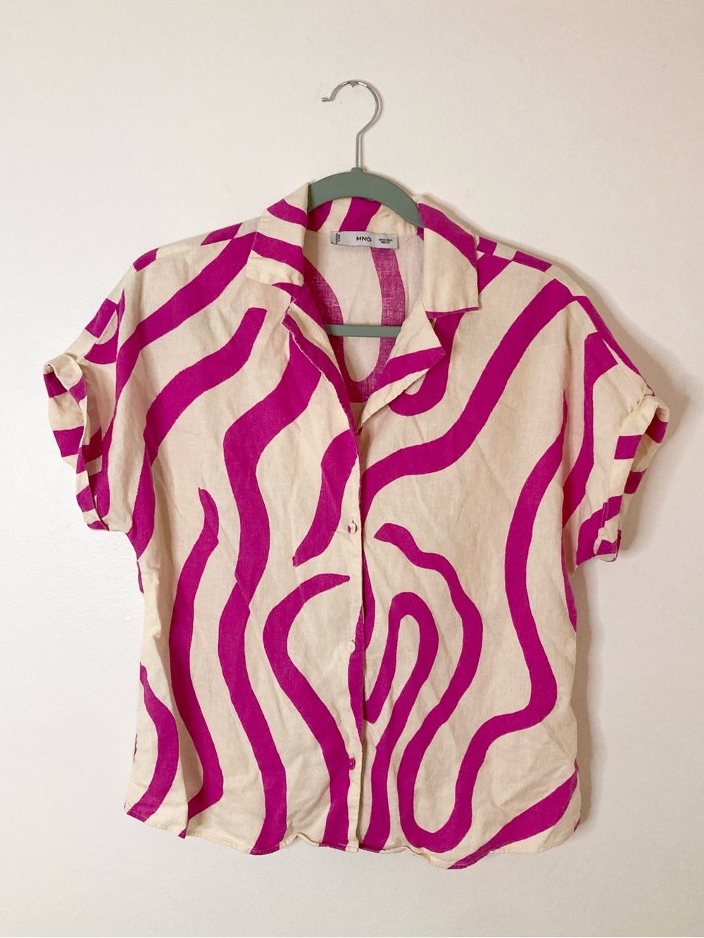 MNG Mango Linen Blend PJ Set Abstract Pink Wavy Stripe Pajama Loungewear XS 4 - Picture 2 of 11